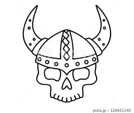 Skull with viking horned helmet outline norse warrior death symbol, black and white illustration for coloring, AI Generative 126931140