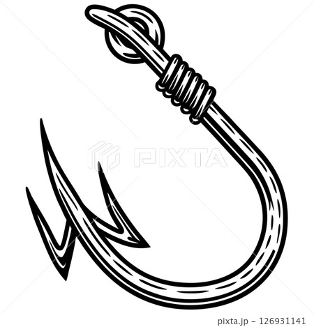 Fishing hook illustration sharp curved metal barb with tied knot, black and white hand drawn line art design, AI Generative 126931141