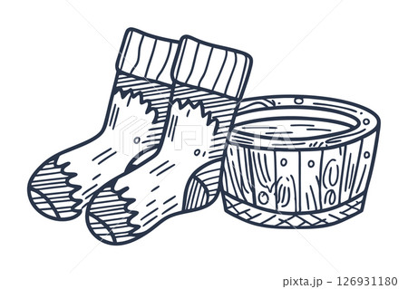 Wool socks and wooden tub for foot soaking hand drawn winter care, cozy relaxation, hygiene, self care illustration, AI Generative 126931180