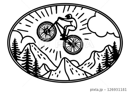 Mountain biker jumping over alpine peaks, action silhouette in nature adventure sports and outdoor excitement emblem, AI Generative 126931181