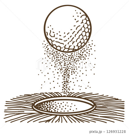 Golf ball dissolving into particles above hole minimalist line art concept of decay, transformation, and disappearance, AI Generative Golf ball dissolving into particles above hole minimalist line art concept of decay, transformation, and disappearance, AI Generative 126931228