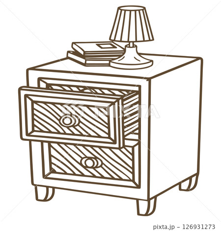 Wooden bedside table with open drawer, lamp and books nightstand interior furniture illustration, AI Generative 126931273