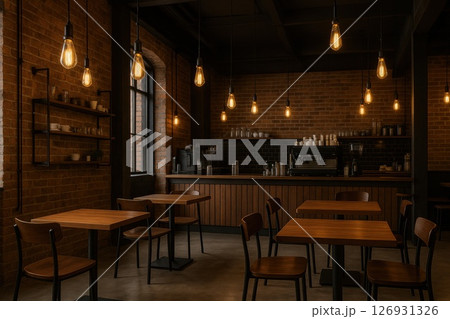 Warm lighting in a modern industrial coffee shop with wooden tables and brick walls creates a cozy ambiance. The image conveys comfort, urban lifestyle and a welcoming atmosphere Warm lighting in a modern industrial coffee shop with wooden tables and brick walls creates a cozy ambiance. The image conveys comfort, urban lifestyle and a welcoming atmosphere 126931326
