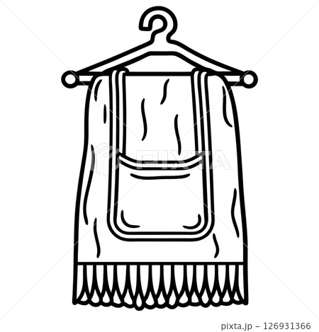 Towel hanging on clothes hanger, fringed textile fabric with pocket, simple black and white illustration, AI Generative 126931366
