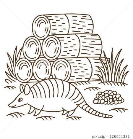 Armadillo near stacked tree logs and grass in nature wildlife animal scene, simple line art illustration, AI Generative Armadillo near stacked tree logs and grass in nature wildlife animal scene, simple line art illustration, AI Generative 126931381