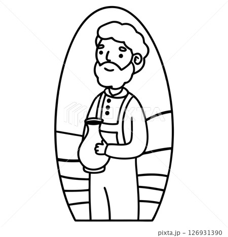 Farmer holding jug illustration bearded man in overalls, rural landscape background, agriculture concept line drawing, AI Generative Farmer holding jug illustration bearded man in overalls, rural landscape background, agriculture concept line drawing, AI Generative 126931390