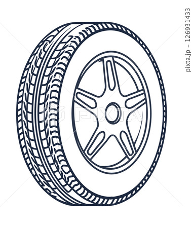 Car wheel and modern tire illustration detailed outline with tread pattern, five spoke rim for automotive design, AI Generative 126931433