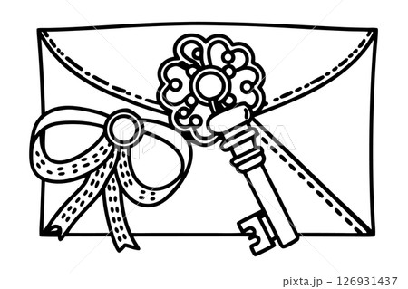 Vintage ornate key and envelope with decorative bow secret letter, mystery invitation, retro communication concept, AI Generative 126931437