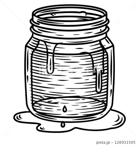 Empty glass jar with dripping honey hand drawn black outline illustration of open container, spill, leak, mess, sweetness, AI Generative 126931505