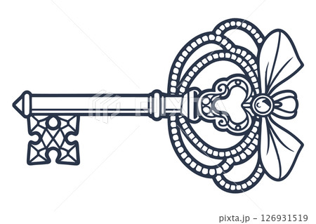 Vintage ornate skeleton key with decorative bow and ribbon elegant antique key design, intricate detail illustration, AI Generative 126931519