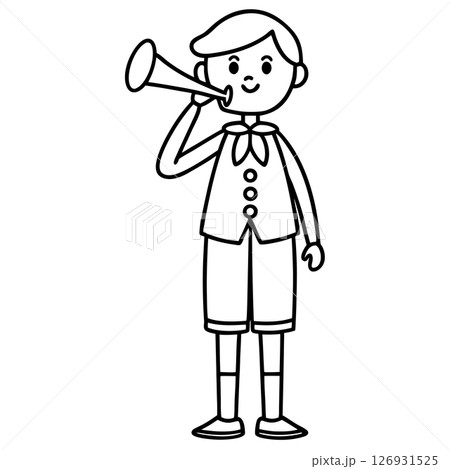 Boy blowing trumpet young child playing horn instrument, musical performance, outline black white illustration, AI Generative 126931525