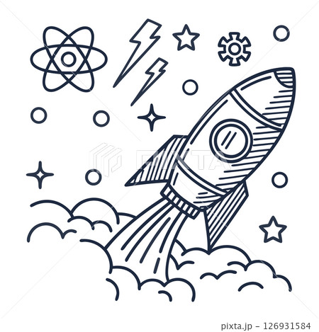 Rocket launch with science symbols space exploration, innovation, technology, atoms, space mission, creativity, AI Generative 126931584