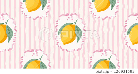 Seamless lemons pattern on pink and white wavy stripes. Summer repeating fruit pattern. Mediterranean coastal design background. Seamless lemons pattern on pink and white wavy stripes. Summer repeating fruit pattern. Mediterranean coastal design background. 126931593