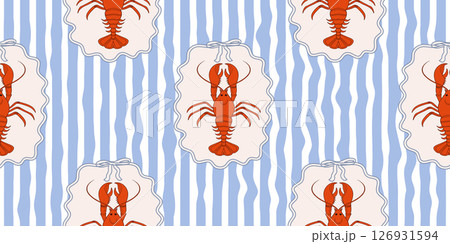 Seamless lobster pattern on blue and white wavy stripes. Summer repeating seafood pattern. Mediterranean coastal design background. Seamless lobster pattern on blue and white wavy stripes. Summer repeating seafood pattern. Mediterranean coastal design background. 126931594