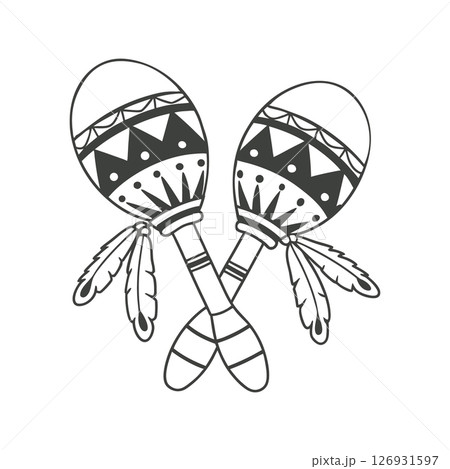 Pair of detailed hand drawn monochrome maracas with ethnic patterns. National symbol of Mexico. Sketch illustration. Pair of detailed hand drawn monochrome maracas with ethnic patterns. National symbol of Mexico. Sketch illustration. 126931597