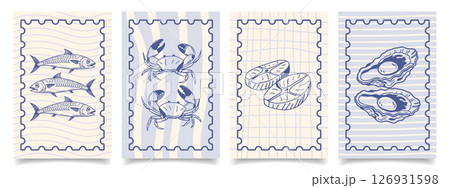 Collection of hand drawn Italian cuisine posters. Seafood, fish, oysters, sardines. Mediterranean set. Seafood menu cards. Sketch illustration. 126931598
