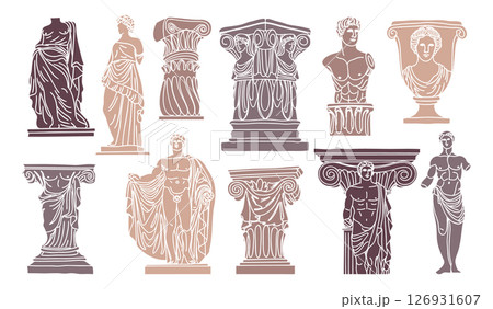 Greek statues aesthetic hand drawn set. Sculptures and architectural elements. Illustrations of antique statues for poster design, wall, pattern, collage. 126931607