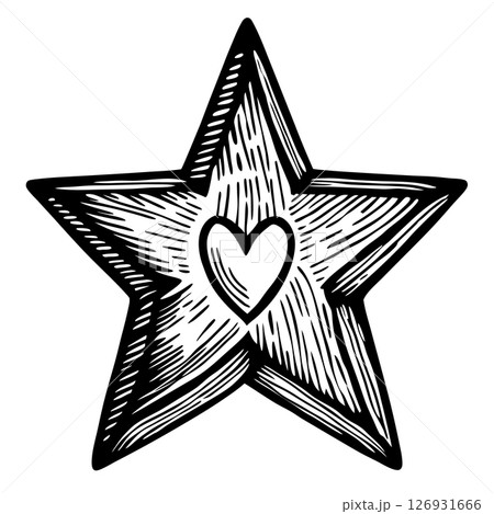 Hand drawn five pointed star with heart center sketch outline, black and white doodle, symbol of love and success, AI Generative 126931666