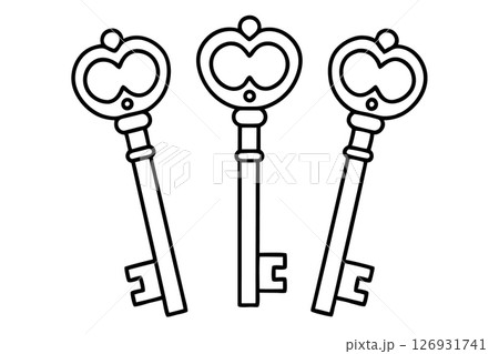 Three vintage skeleton keys outlined in black antique old fashioned design, minimalist isolated illustration, AI Generative 126931741