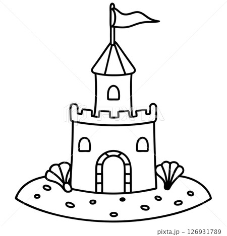 Sandcastle illustration with flag, seashells, and pebbles summer beach kids drawing, outline icon design, AI Generative 126931789