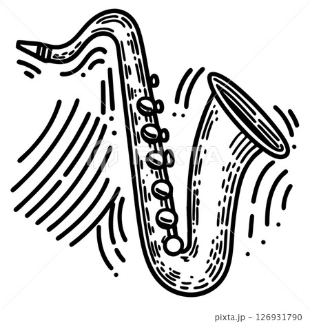 Hand drawn saxophone illustration with musical notes jazz instrument design, vintage etching style, monochrome line art, AI Generative 126931790