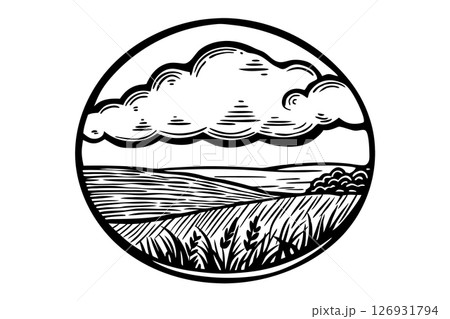 Cloudy sky over agricultural field black and white rural landscape, farmland illustration, countryside scenery, AI Generative 126931794