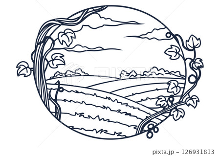 Pastoral countryside landscape illustration in circle frame with climbing vines and rolling fields, rural scenery, AI Generative 126931813