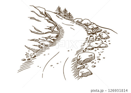 Mountain pathway illustration with winding road, rocky terrain, and trees hand drawn vintage landscape art, AI Generative 126931814