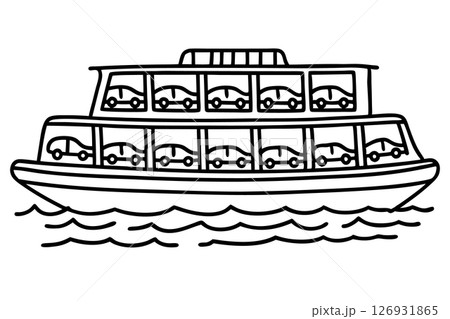 Car ferry boat transport outline drawing of double decker vessel carrying vehicles across water, maritime logistics, AI Generative 126931865