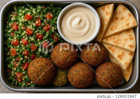 Fresh mediterranean falafel meal with pita, creamy hummus dip, and vibrant tabbouleh salad in a metal lunchbox container, AI Generative 126931947
