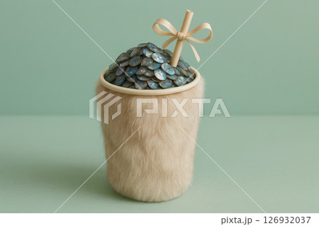 Creative furry cup with iridescent scales and straw, whimsical surreal object blending textures, pastel background, modern concept, AI Generative 126932037