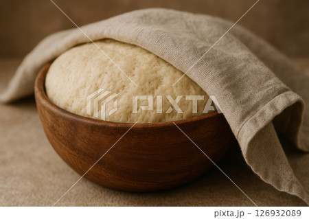 Freshly risen yeast dough in wooden bowl covered with linen cloth on rustic kitchen counter, ready for homemade baking, AI Generative 126932089
