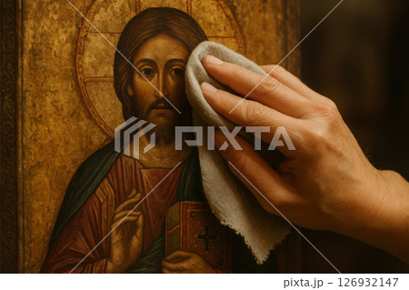 Hand gently cleaning ancient orthodox christian icon of jesus, preserving religious heritage and sacred art traditions, AI Generative 126932147