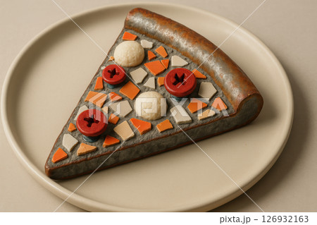 Creative fast food concept featuring a pizza slice made from non food materials with unusual objects arranged as toppings, AI Generative Creative fast food concept featuring a pizza slice made from non food materials with unusual objects arranged as toppings, AI Generative 126932163
