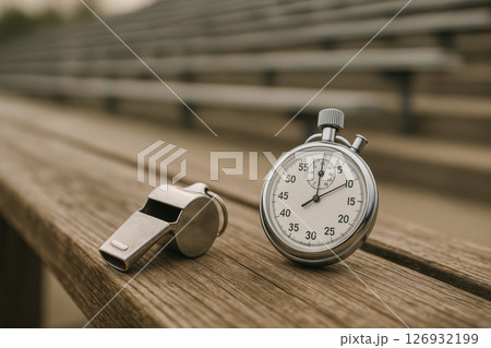 Classic silver stopwatch and metal whistle on wooden bench, symbolizing precision timing and coaching at athletic stadium, AI Generative 126932199