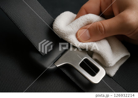 Hand using white cloth to clean car seatbelt buckle for hygiene and safety, close up of careful maintenance and care, AI Generative Hand using white cloth to clean car seatbelt buckle for hygiene and safety, close up of careful maintenance and care, AI Generative 126932214
