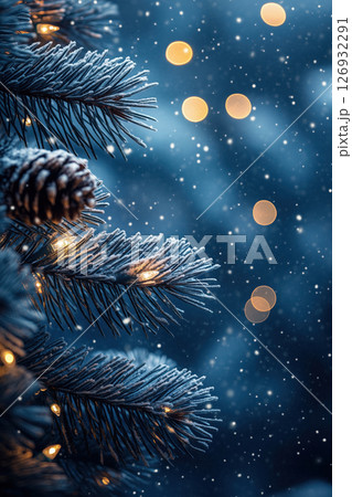Snow-Covered Christmas Tree Branches with Lights and Pinecones in Winter Night Scene 126932291