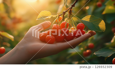 Hand holding ripe cherries on branch in orchard at sunset 126932309
