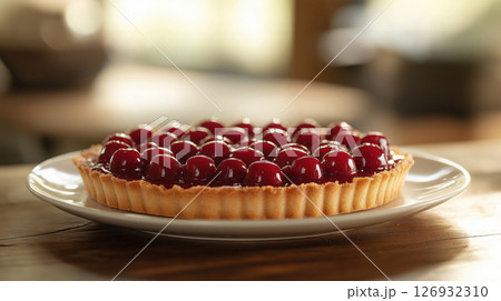 Cherry tart dessert with shiny glaze served on white plate 126932310