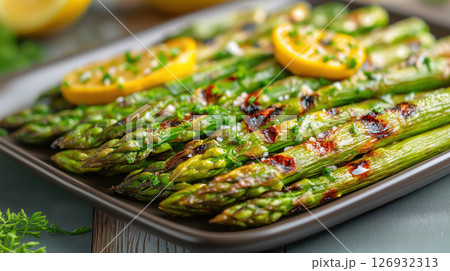 Grilled asparagus with lemon and herbs on dark serving plate 126932313
