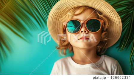 Stylish child in sunglasses and straw hat posing with tropical leaves on blue background 126932354