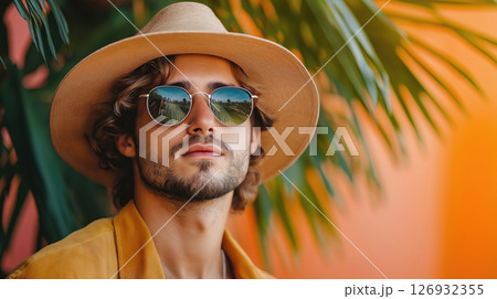 Stylish young man with sunglasses and hat posing by palm leaves in tropical light 126932355