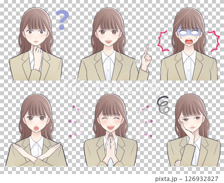ベージュスーツ姿の若いビジネスウーマンのバストアップセットイラスト ベージュスーツ姿の若いビジネスウーマンのバストアップセットイラスト 126932827