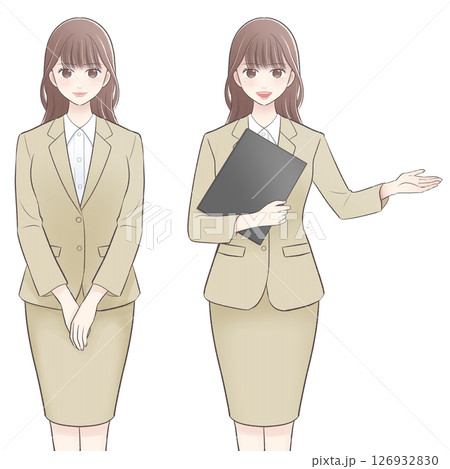 ベージュスーツ姿の若いビジネスウーマンの膝上イラスト 126932830