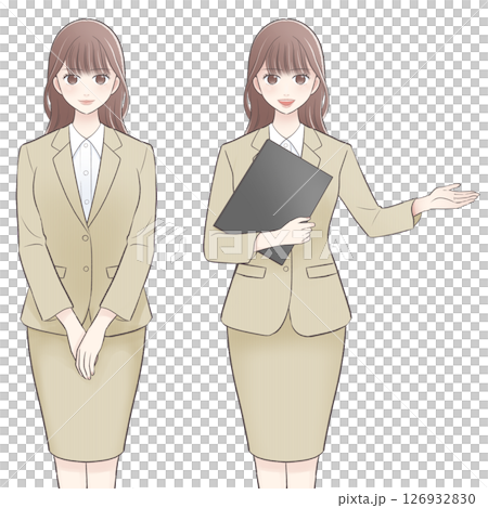 ベージュスーツ姿の若いビジネスウーマンの膝上イラスト 126932830