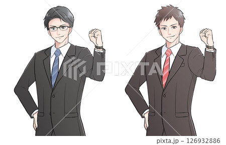 スーツ姿でガッツポーズをする中年社会人男性2名のイラスト 126932886