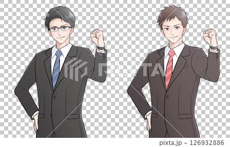 スーツ姿でガッツポーズをする中年社会人男性2名のイラスト 126932886
