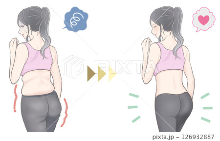 ウエストとヒップの部分やせダイエットに成功した若いポニーテール女性のイラスト 126932887