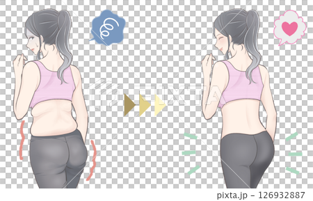 ウエストとヒップの部分やせダイエットに成功した若いポニーテール女性のイラスト 126932887