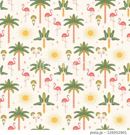 Tropical seamless pattern vector illustration. Modern exotic vacation repeat tile with flamingos, palm trees, sun in symmetrical Art deco style on light background. Cute boho summer vibes design Tropical seamless pattern vector illustration. Modern exotic vacation repeat tile with flamingos, palm trees, sun in symmetrical Art deco style on light background. Cute boho summer vibes design 126932901